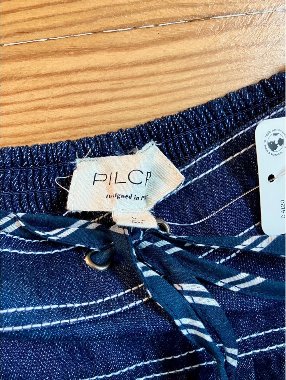 NWT Pilcro Anthropologie Dark Denim Circle Mini Skirt Striped Tie Sporty Prep L - Picture 5 of 11